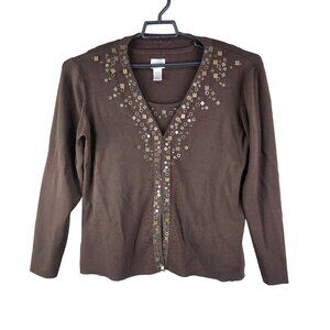 Womens 2 Pc Chicos Brown Twinset Cardigan & Tank Top Embellishments Size 2 & 3